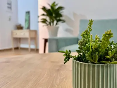 a green vase with a plant on a table at Earthy Retreat in Central Athens Fully renovated in Athens