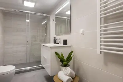 a white bathroom with a shower and a toilet at Eclectic Studio near Kallimarmaro in Athens