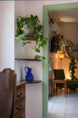 a room with a table with plants on the wall at Adorable Jacuzzi flat in the most alive Athens! in Athens