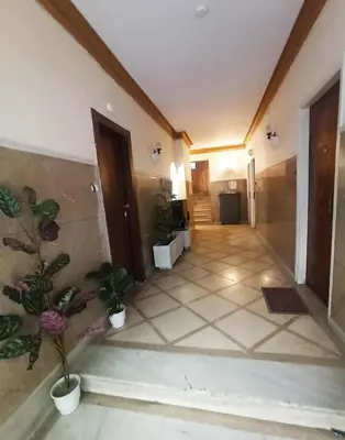 a hallway with potted plants in a building at Cozy 30sqm Studio in the Heart of Athens in Athens