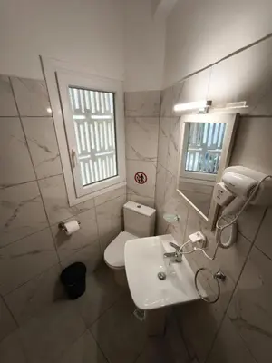 a bathroom with a sink and a toilet and a mirror at Beehive Mini Rooms in Athens
