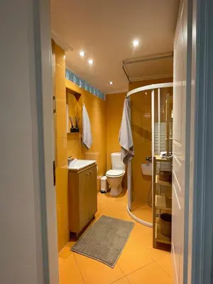 a bathroom with a toilet and a shower with yellow walls at Lemon & Roses in Athens