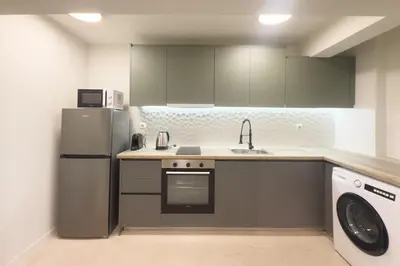 a kitchen with a refrigerator and a dishwasher at Panormou Neon - Urban Apartment 1B in Athens