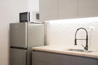 a kitchen with a refrigerator and a sink at Panormou Neon - Urban Apartment 2A in Athens