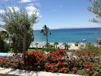a garden with flowers and the beach in the background at Roof Top appartement with huge Terrace in Athens