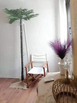 a living room with a palm tree and a chair at Roof Top appartement with huge Terrace in Athens