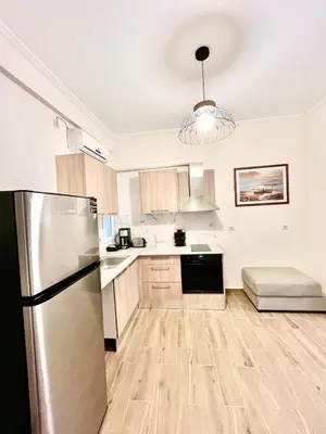 a kitchen with a stainless steel refrigerator and wooden cabinets at Bright and central apartment in Athens