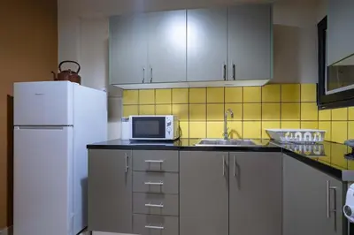 a kitchen with a white refrigerator and a microwave at Warm 2BR Apt - Central Kypseli by ΜΡS in Athens