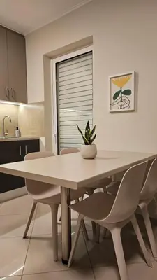 a table and chairs in a kitchen with a plant on it at Triton apartment in Athens
