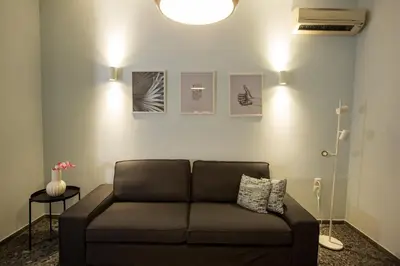 a living room with a brown couch in a room at Antigonis Athenian Home in Athens