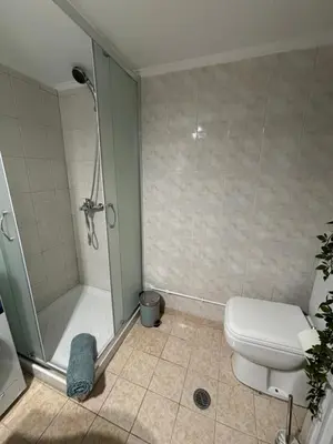 a bathroom with a shower and a toilet at MediTerra Stay Voula Beach in Athens