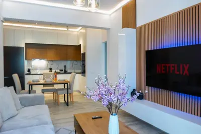a living room with a couch and a tv at Oasis Residence Athens in Athens