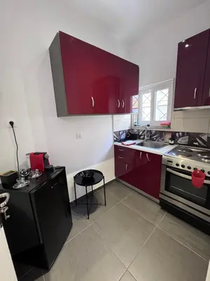 a kitchen with red cabinets and a stove at Krezias Apartments K1 Acropolis View & Jacuzzi ! in Athens