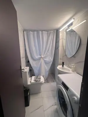 a bathroom with a toilet and a washing machine in it at Krezias Apartments ST5 Acropolis View ! in Athens