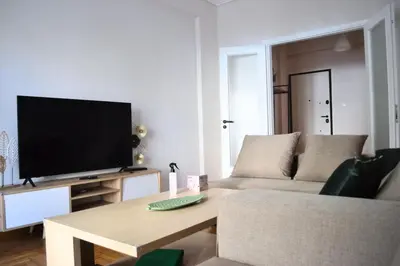 a living room with a couch and a flat screen tv at Alice's Apartment - Athens, Ελλάδα in Athens