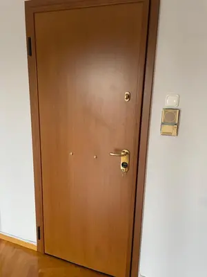 a wooden door with a handle in a room at 45 τμ διαμέρισμα in Athens