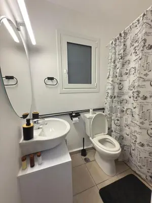 a bathroom with a toilet and a sink and a mirror at New Place Athens in Athens