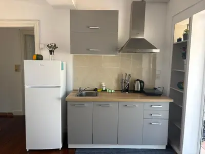a kitchen with a white refrigerator and a sink at evaxila \u5496\u5561\u5c9b in Glyka Nera