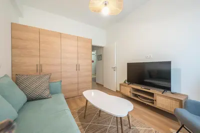a living room with a couch and a flat screen tv at Zen sunny, Zografou in Athens