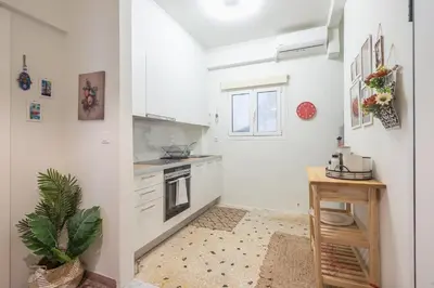 a kitchen with white cabinets and a potted plant at Zen sunny, Zografou in Athens