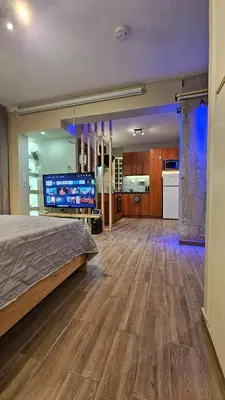a large room with a bed and a kitchen at Μοντέρνο Ημιυπόγειο στουντιο διαμέρισμα στην Αθήνα με αυλή in Athens