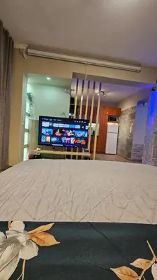 a living room with a large tv in a room at Μοντέρνο Ημιυπόγειο στουντιο διαμέρισμα στην Αθήνα με αυλή in Athens