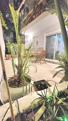 a patio with plants and a bench in a building at Μοντέρνο Ημιυπόγειο στουντιο διαμέρισμα στην Αθήνα με αυλή in Athens
