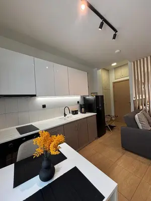 a kitchen and living room with a couch and a table at Thymeli Cozy Apartment in Athens