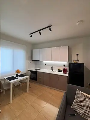 a kitchen and living room with a couch and a table at Thymeli Cozy Apartment in Athens