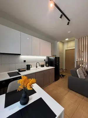 a kitchen and living room with a couch and a table at Thymeli Cozy Apartment in Athens