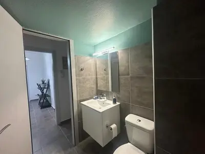 a bathroom with a white toilet and a sink at Athenian sunlit central flat! in Athens