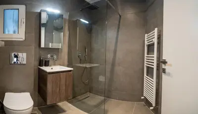 a bathroom with a shower and a toilet and a sink at Athenian Hospitality in Athens