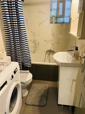 a bathroom with a washing machine and a sink at Athens Victoria's Family Apartment in Athens