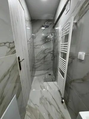 a bathroom with a walk in shower and a toilet at Elegant Escapes 8 in Athens