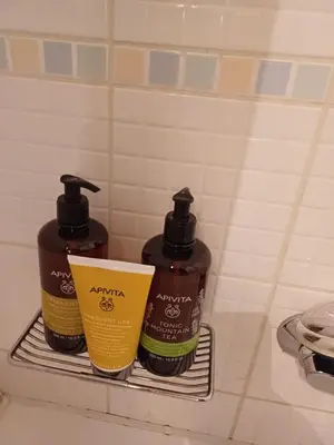 two bottles of soap on a shelf in a bathroom at Mary's vintage house in Athens