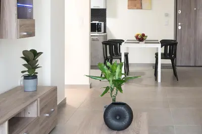 a living room with a table and a plant at ANDIE Kallithea Apartment in Athens