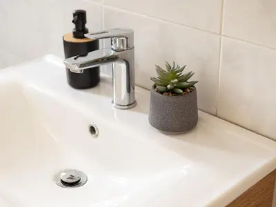 a bathroom sink with a potted plant on it at Athens Airport Luxury Apartment in Spáta