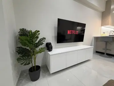 a living room with a tv and a potted plant at Urban Comfort Apartment in Athens