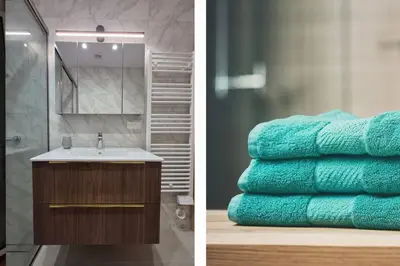 two pictures of a bathroom with a sink and towels at Athens Riviera Alimos by Comfort Club in Athens