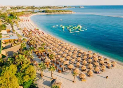 an aerial view of a beach with umbrellas and the ocean at Athens Riviera Alimos by Comfort Club in Athens