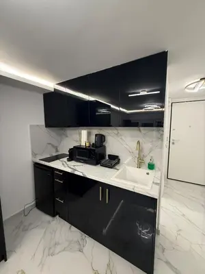 a kitchen with black cabinets and a white sink at City Center Lux Studio in Athens