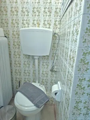 a bathroom with a white toilet and a towel at The Cozy Blue Flat in Athens