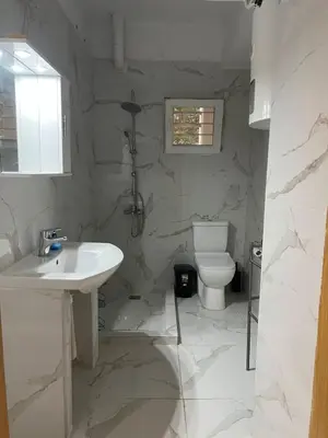a white bathroom with a sink and a toilet at Athenian Maisonette near Metro & shops in Athens
