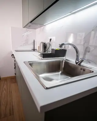 a kitchen counter with a sink in a kitchen at Tettix Athens Appartment B1 in Athens