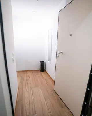 an empty room with a door and a wooden floor at Tettix Athens Appartment B1 in Athens