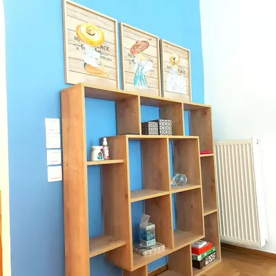 a wooden book shelf against a blue wall at Noeli Apartment by ΜΡS in Athens