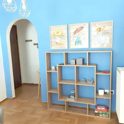 a book shelf in a room with a blue wall at Noeli Apartment by ΜΡS in Athens