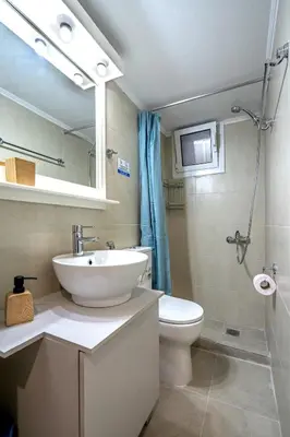 a bathroom with a sink and a toilet and a mirror at Authentic Athens Living In Zografou by ΜΡS in Athens