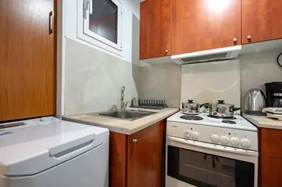a small kitchen with a stove and a sink at Authentic Athens Living In Zografou by ΜΡS in Athens