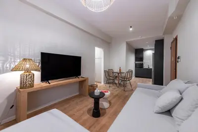 a living room with a couch and a television at Acropolis Boutique Retreat in Koukaki Area Athens in Athens